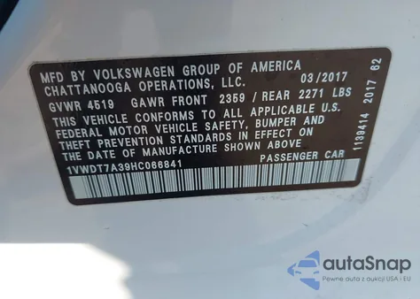 2017 Volkswagen Passat 1.8T R-Line from USA, damaged, VIN 1VWDT7A39HC066841